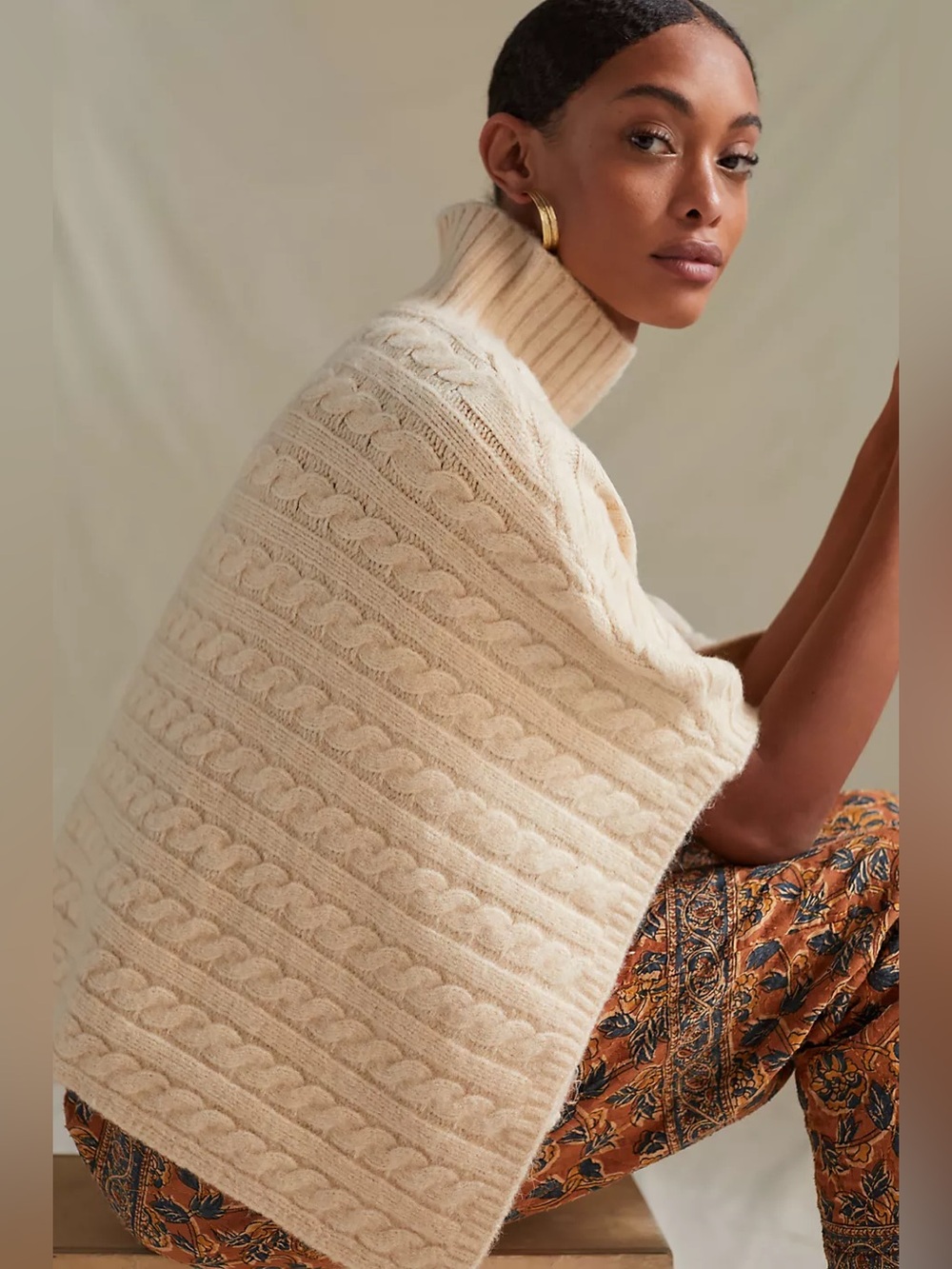 Anthropologie Cable-Knit Cropped Poncho Cape Wrap in Cream Wool Blend O/S
